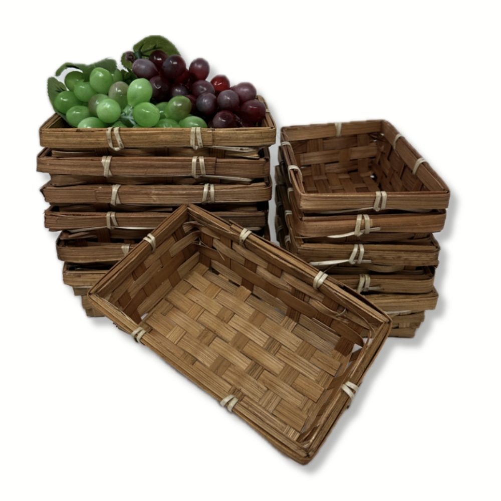 12 Pack - Mini Rectangular Bamboo Basket Brown 6in